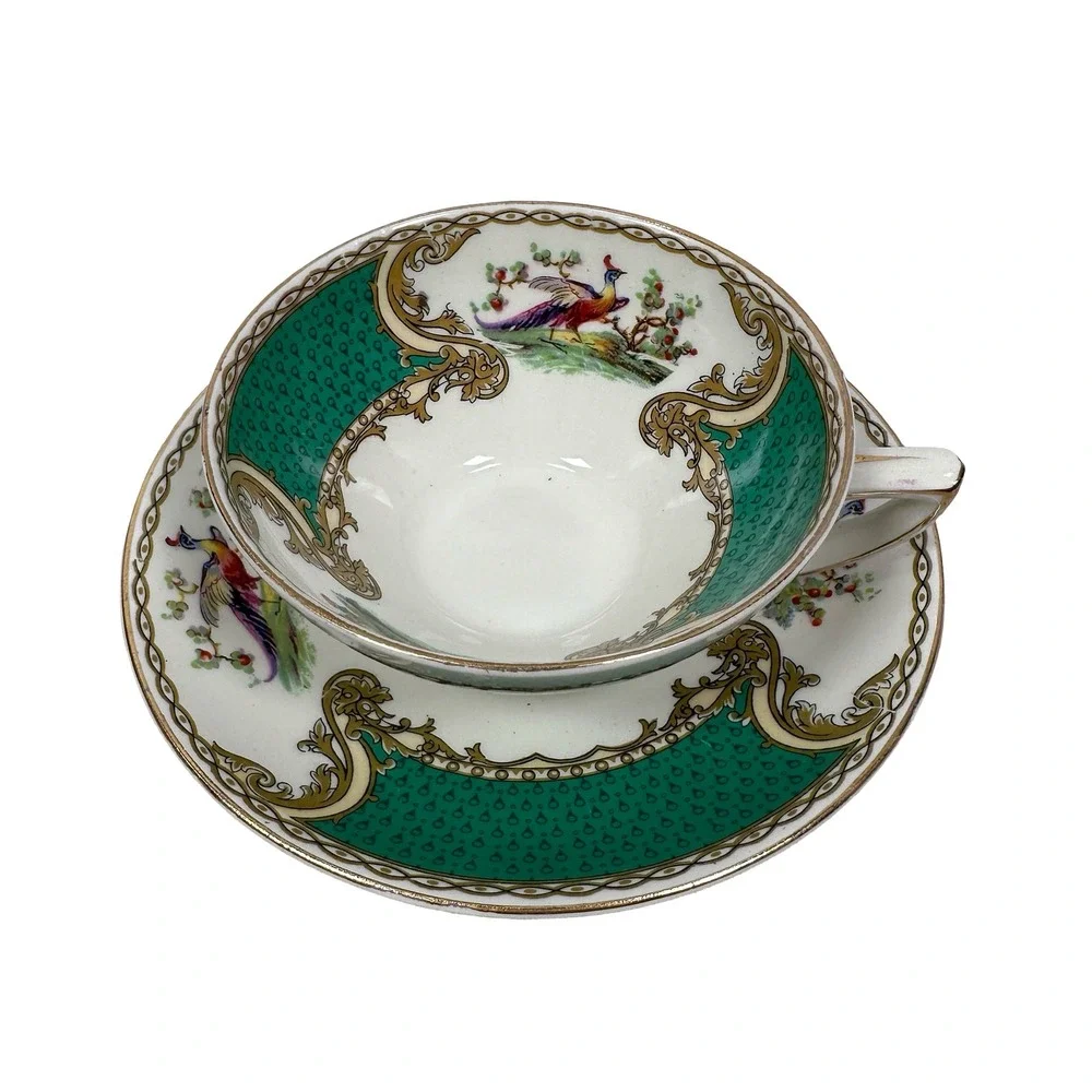 Royal Myotts Crown Chelsea Bird Green Tea Cups and Saucers Set of 6 England‎